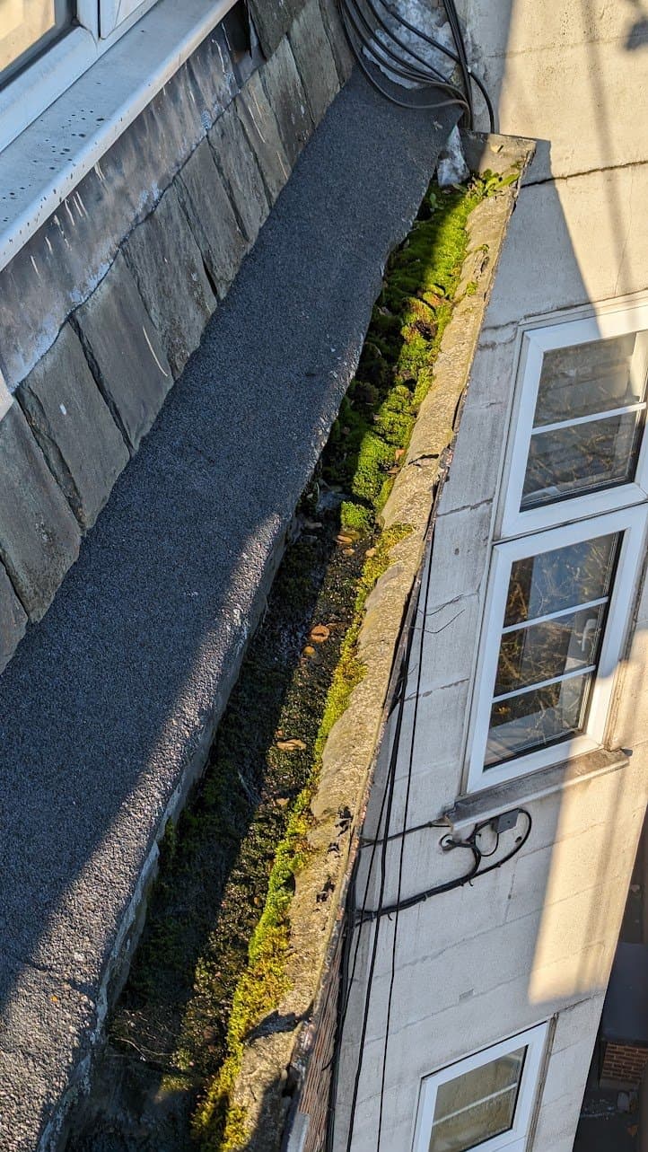 Before: concealed parapet gutter overtaken by moss between the asphalt roof and the stone parapet