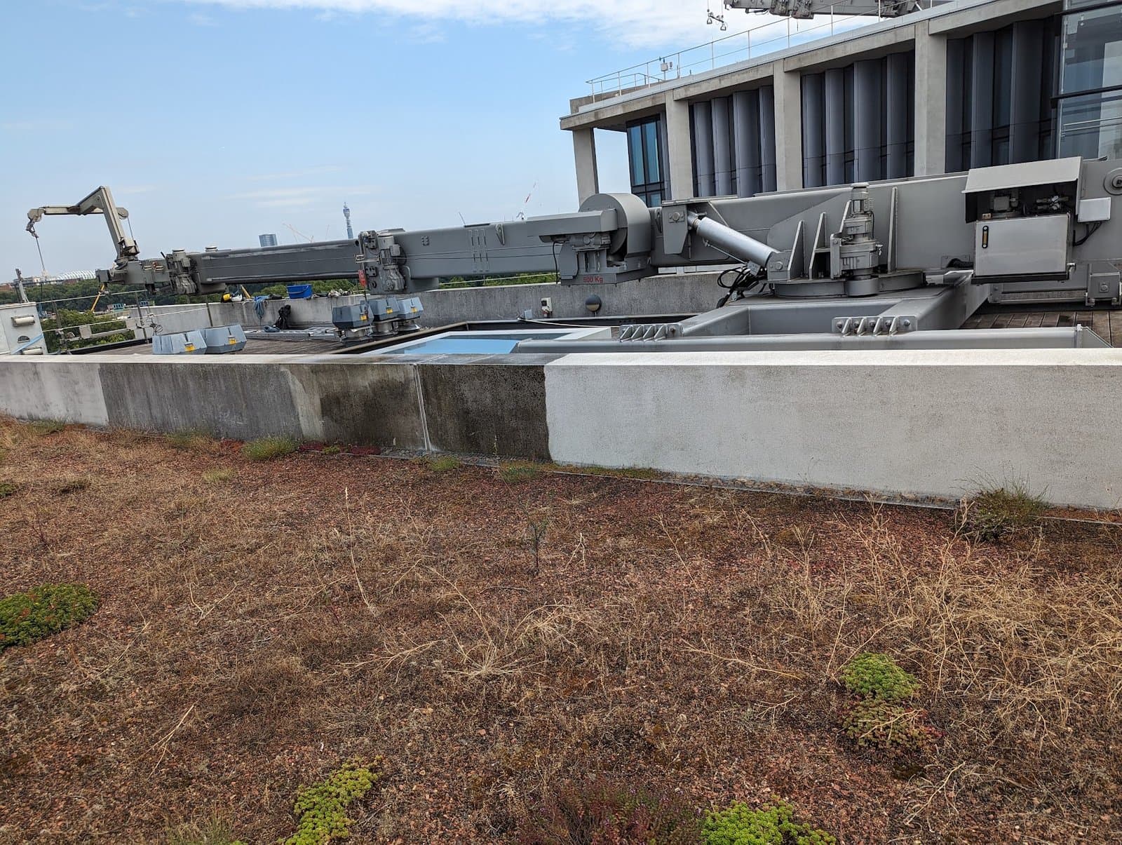 Parapet part-cleaned, with the sedum roof and building maintenance unit behind